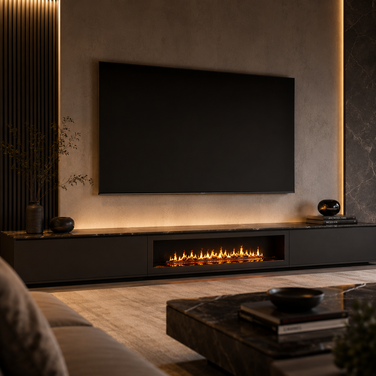 Matte Black Linear Fireplace – Deep Recessed Frame 3D  Model 3