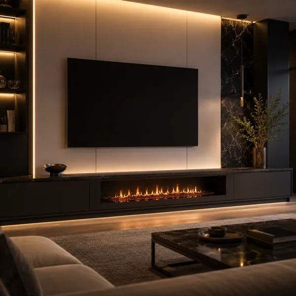 Matte Black Linear Fireplace – Deep Recessed Frame 3D  Model back