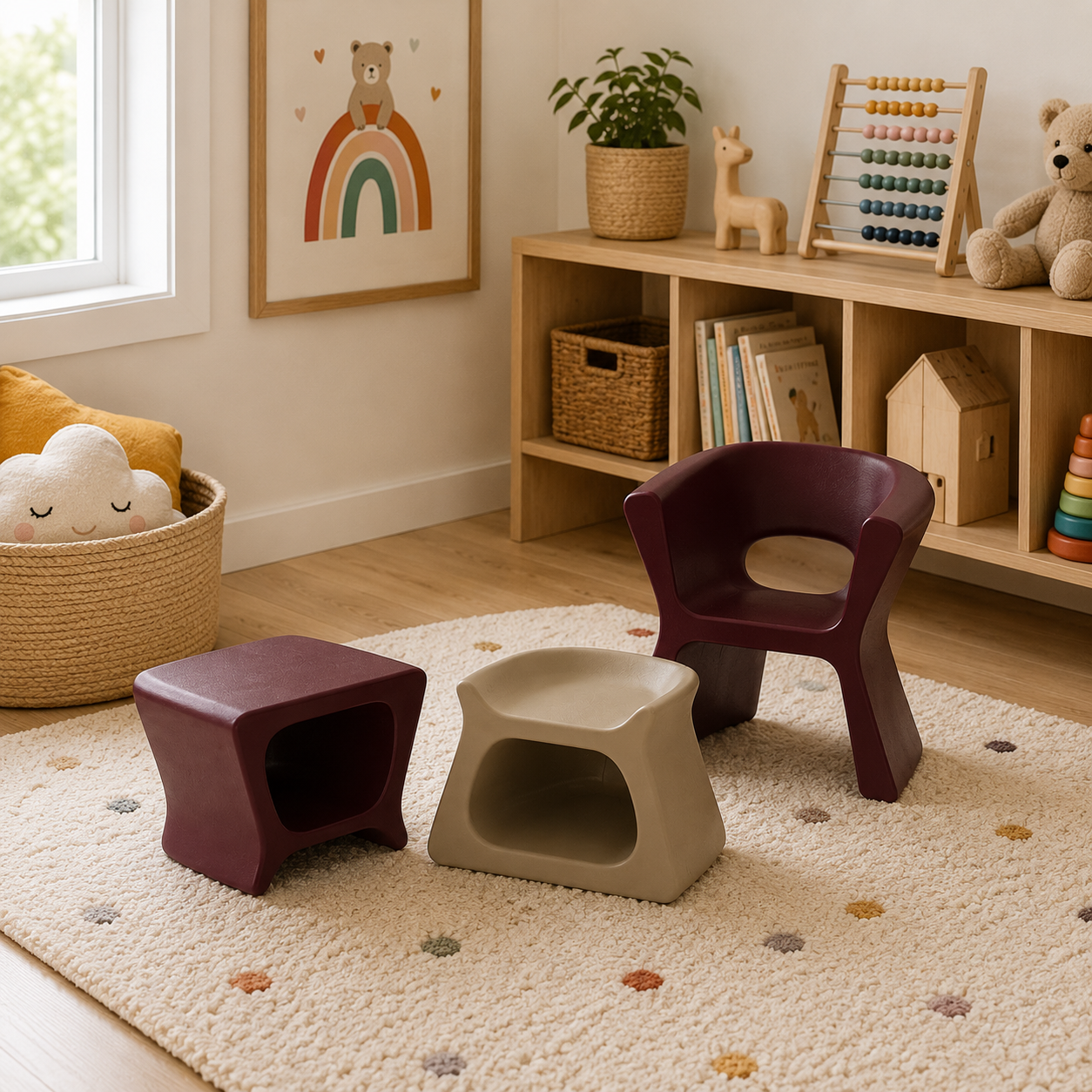 Modern Kids Plastic Chair and Stools – Burgundy & Beige 3D Model 2