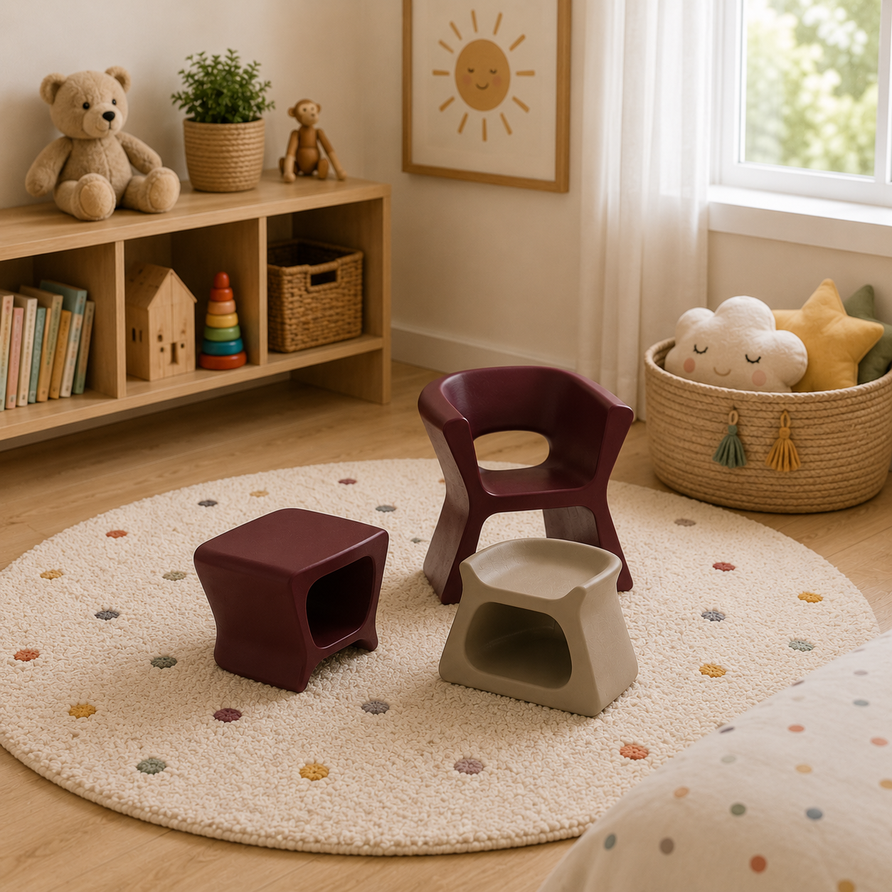 Modern Kids Plastic Chair and Stools – Burgundy & Beige 3D Model 3