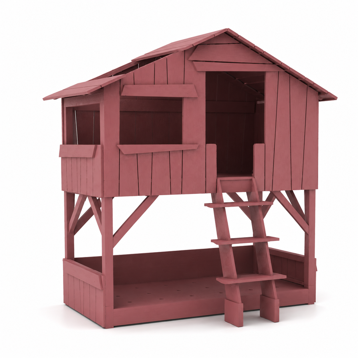 Dusty Rose Wooden Loft House Bed with Ladder 3D Model 1