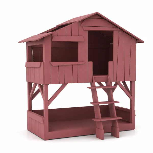 Dusty Rose Wooden Loft House Bed with Ladder 3D Model