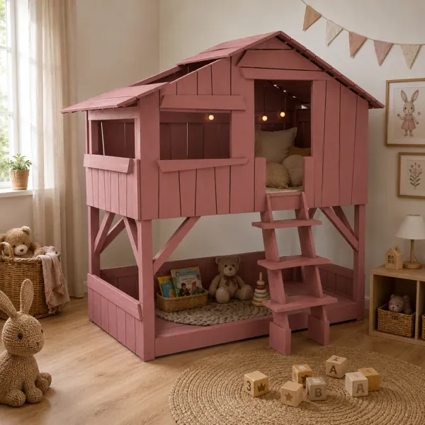 Dusty Rose Wooden Loft House Bed with Ladder 3D Model back