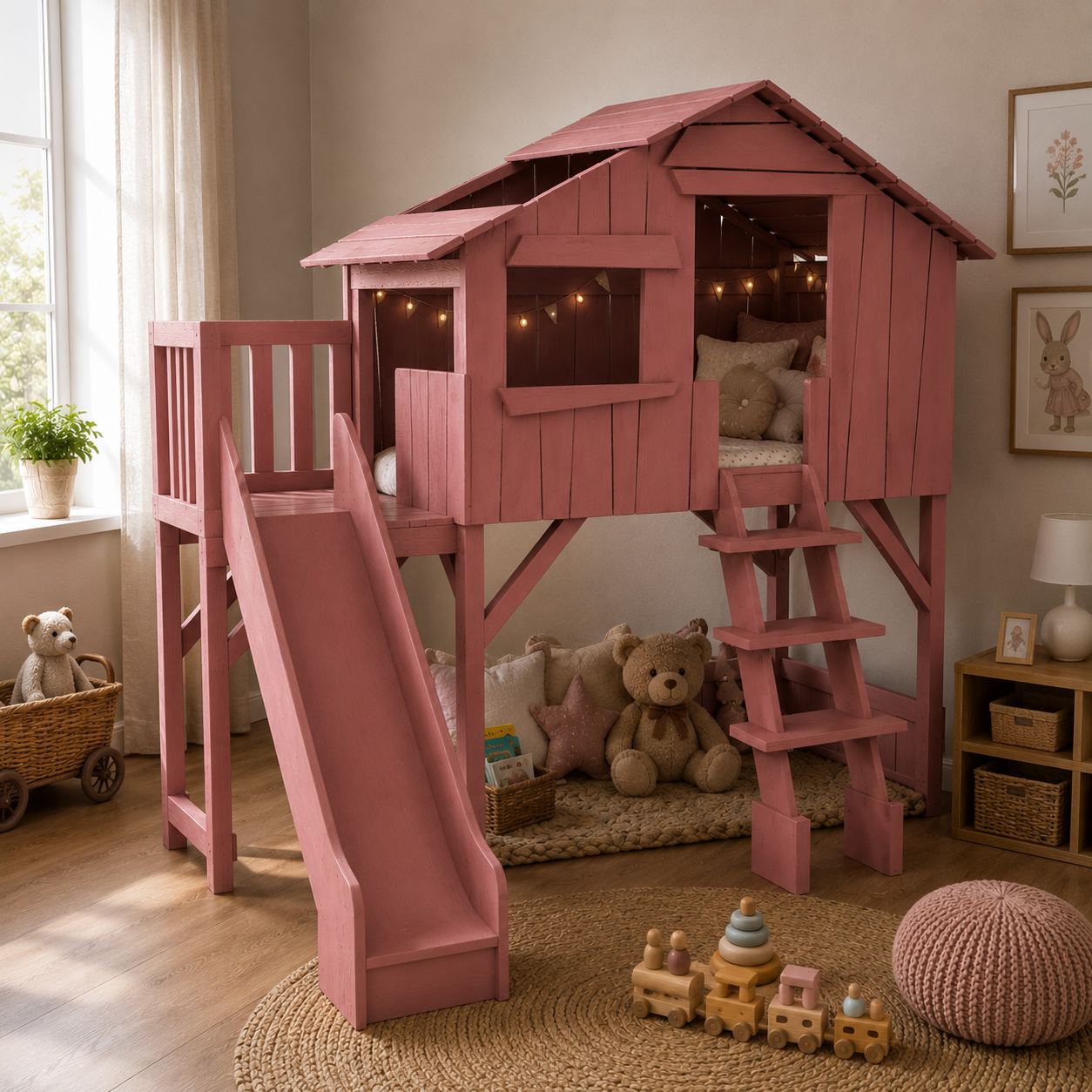 Dusty Rose Wooden Loft House Bed with Ladder 3D Model 3