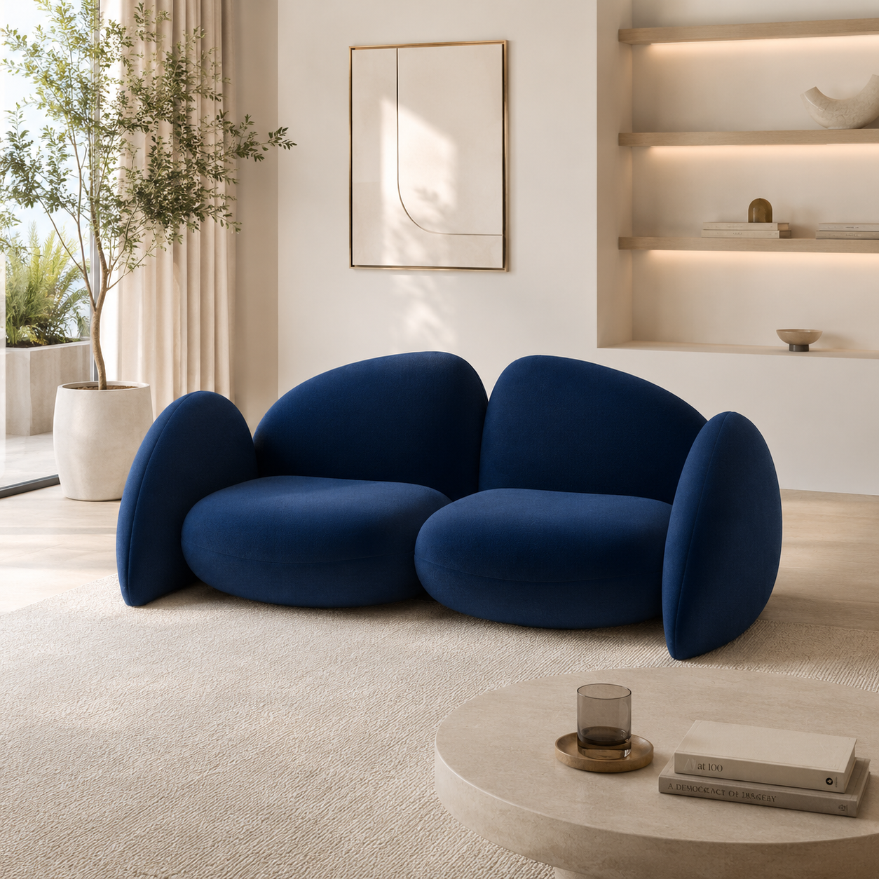 Navy Blue Organic Sofa with Petal-Shaped Backrest 3D Model 4