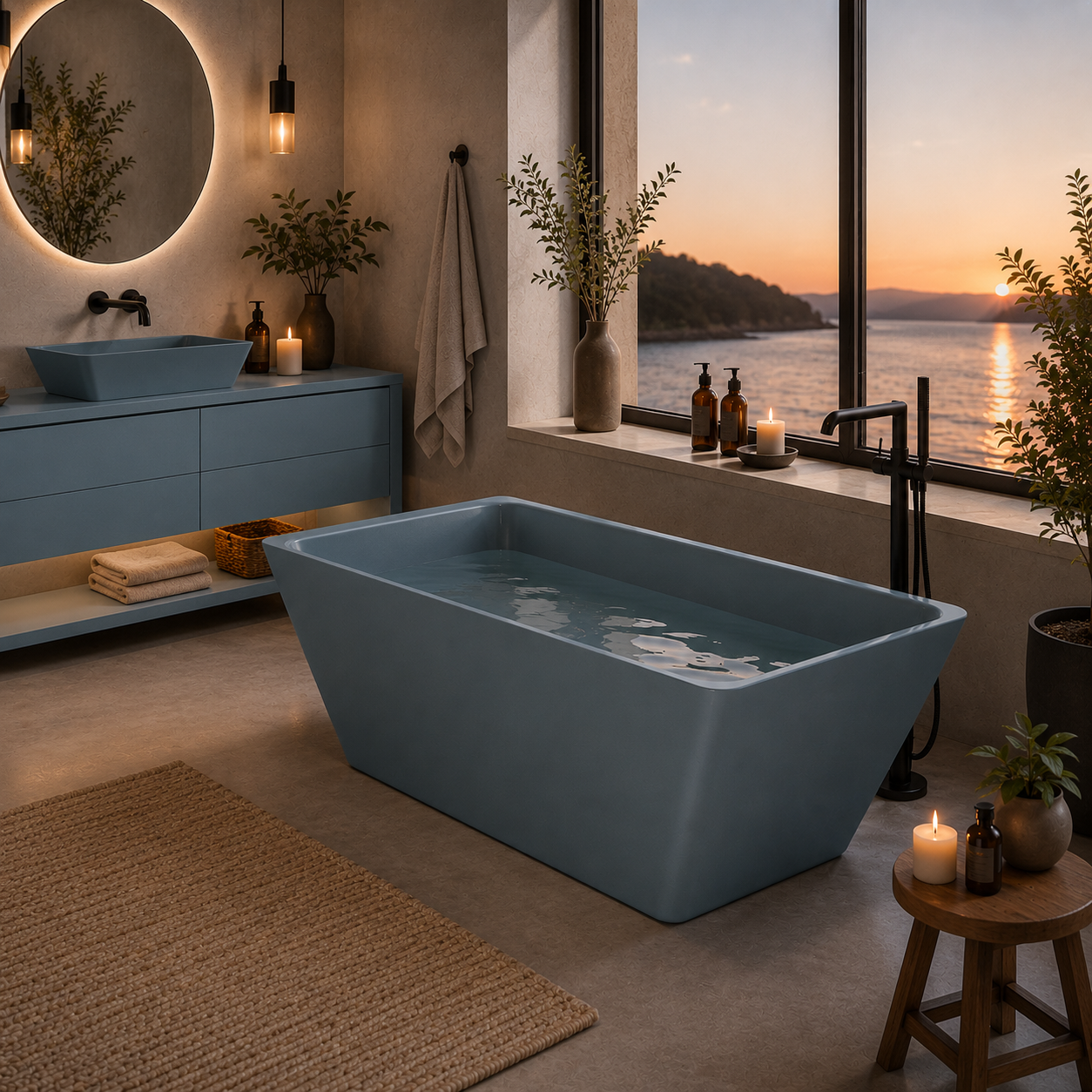 Blue Gray Freestanding Bathtub – Tapered Trapezoid Form 3D Model 2