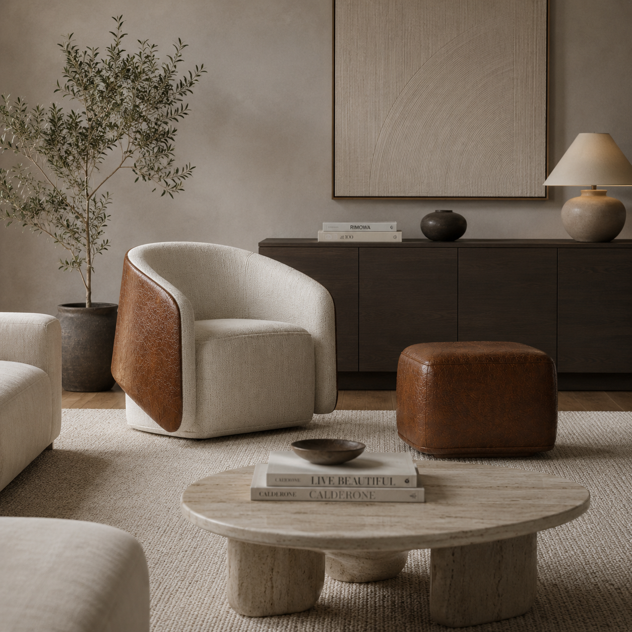 Ivory Fabric Armchair & Brown Leather Ottoman 3D Model 2