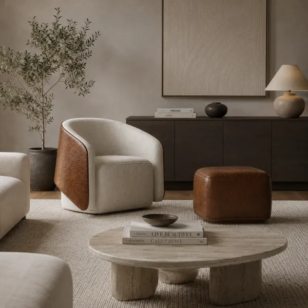 Ivory Fabric Armchair & Brown Leather Ottoman 3D Model back