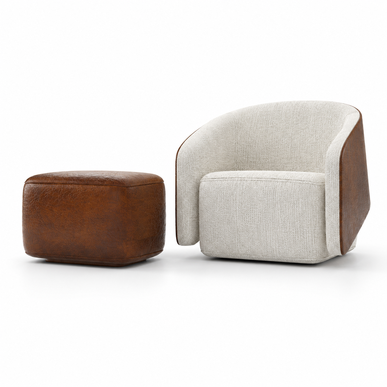 Ivory Fabric Armchair & Brown Leather Ottoman 3D Model 3