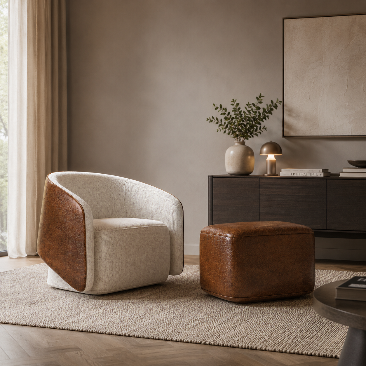 Ivory Fabric Armchair & Brown Leather Ottoman 3D Model 4