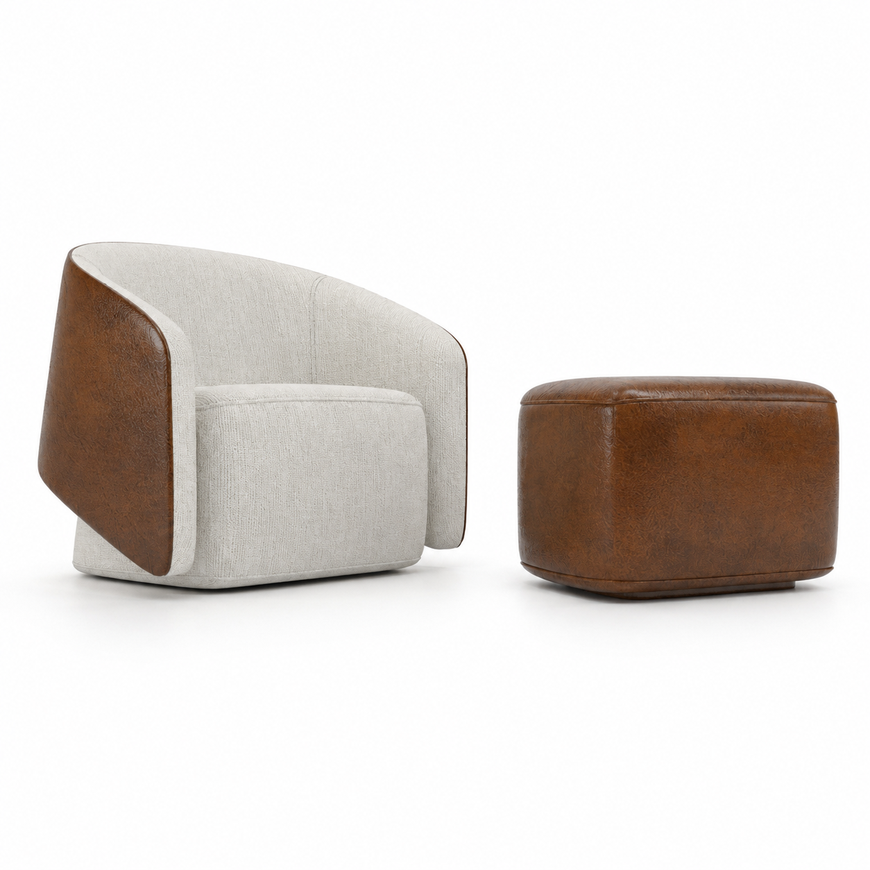Ivory Fabric Armchair & Brown Leather Ottoman 3D Model 1