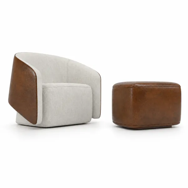 Ivory Fabric Armchair & Brown Leather Ottoman 3D Model