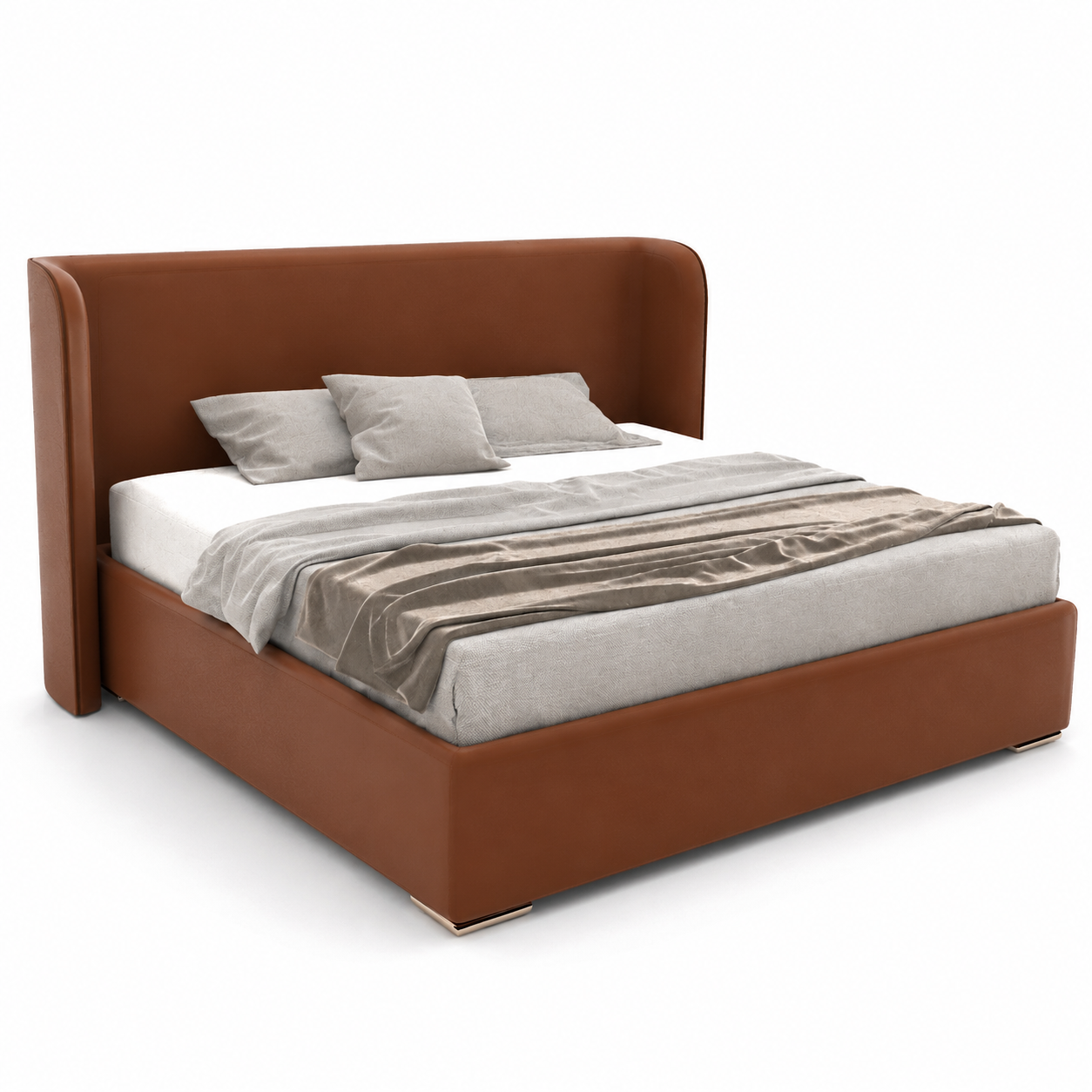 Cognac Brown Rounded Leather Upholstered Bed 3D Model