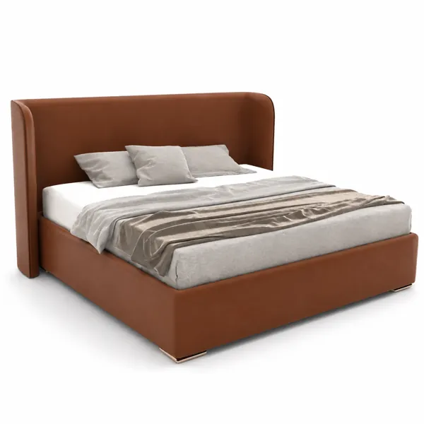 Cognac Brown Rounded Leather Upholstered Bed 3D Model