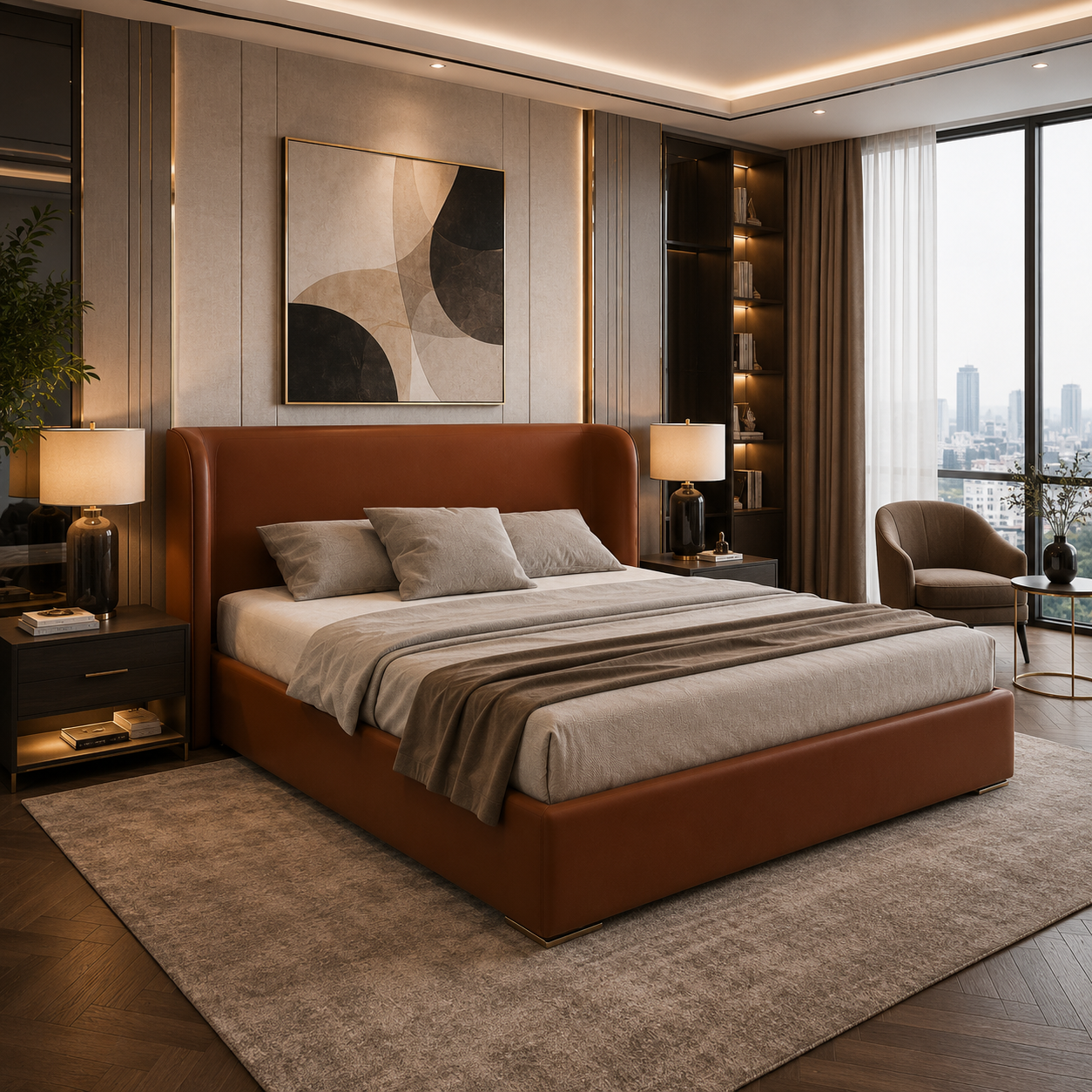 Cognac Brown Rounded Leather Upholstered Bed 3D Model 2