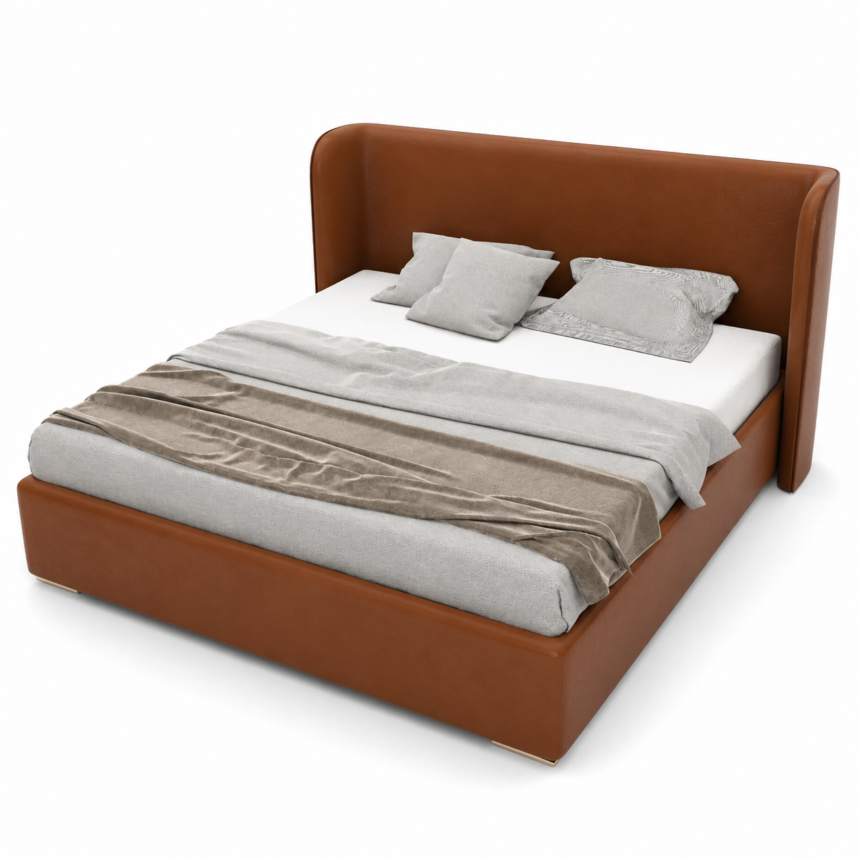 Cognac Brown Rounded Leather Upholstered Bed 3D Model 3