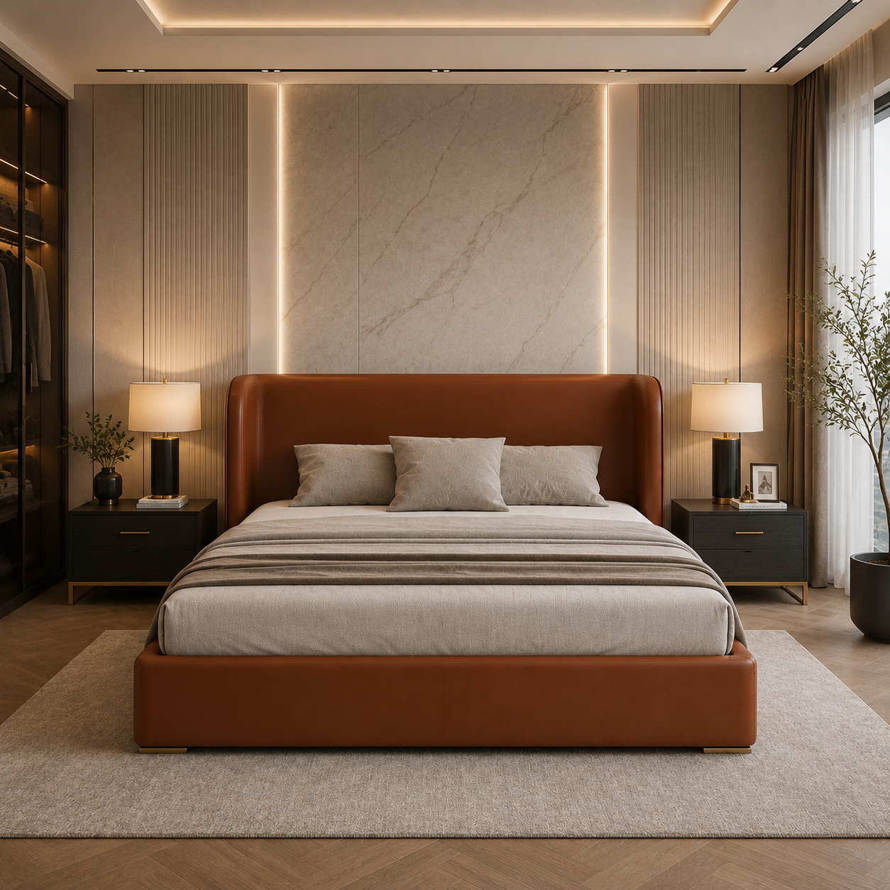 Cognac Brown Rounded Leather Upholstered Bed 3D Model 4