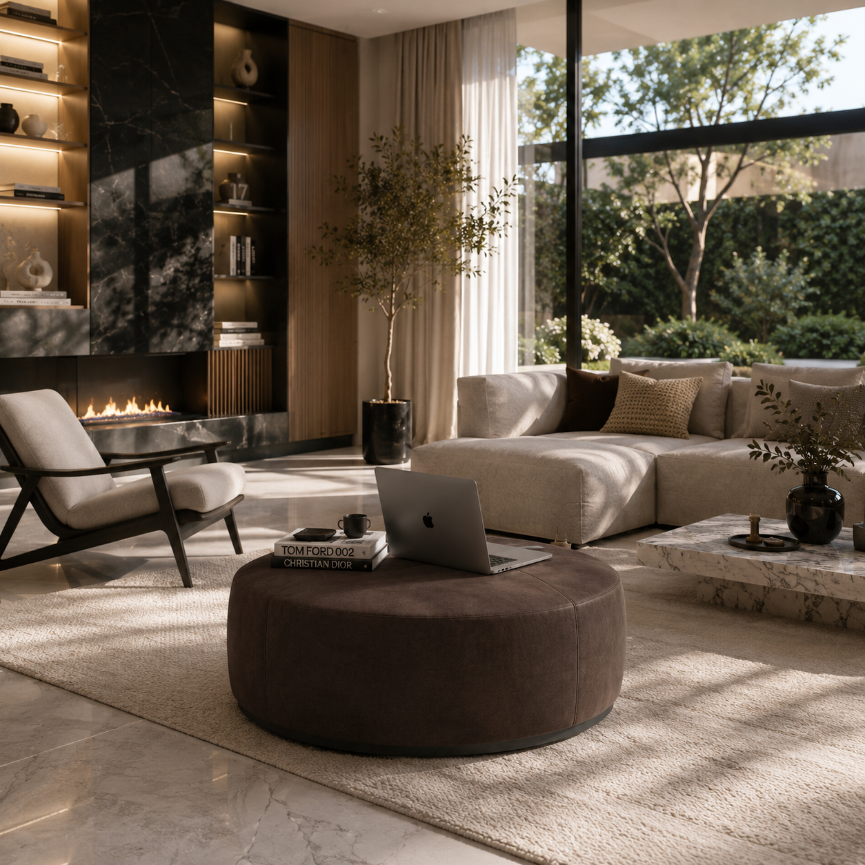 Dark Brown Velvet Round Ottoman – Black Plinth Base 3D Model 2