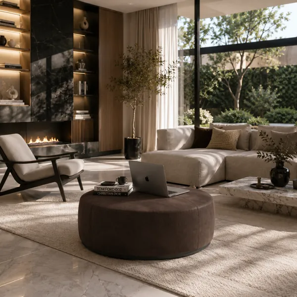 Dark Brown Velvet Round Ottoman – Black Plinth Base 3D Model back
