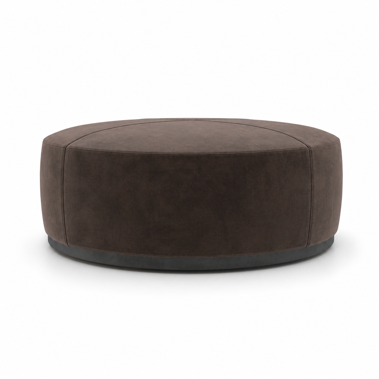 Dark Brown Velvet Round Ottoman – Black Plinth Base 3D Model 1