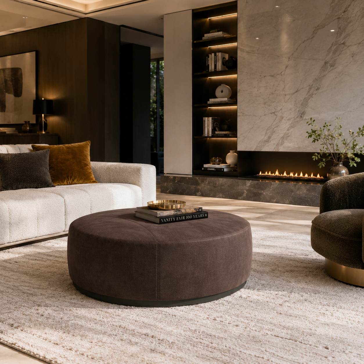 Dark Brown Velvet Round Ottoman – Black Plinth Base 3D Model 4