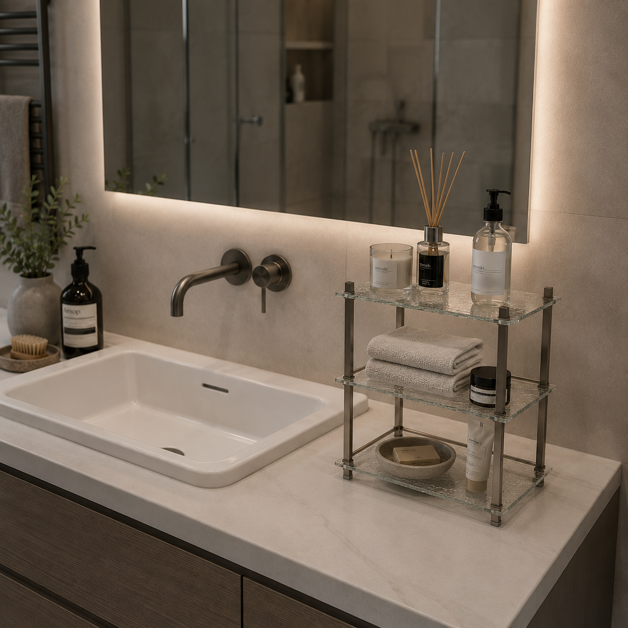 Three-Tier Glass Bathroom Shelf – Brushed Metal Square Frame 3D Model 2