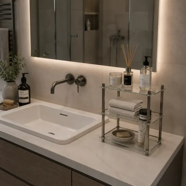 Three-Tier Glass Bathroom Shelf – Brushed Metal Square Frame 3D Model back