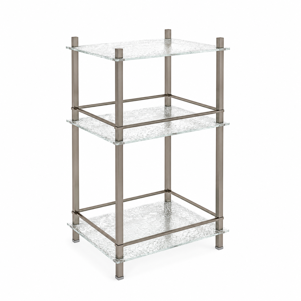 Three-Tier Glass Bathroom Shelf – Brushed Metal Square Frame 3D Model 1