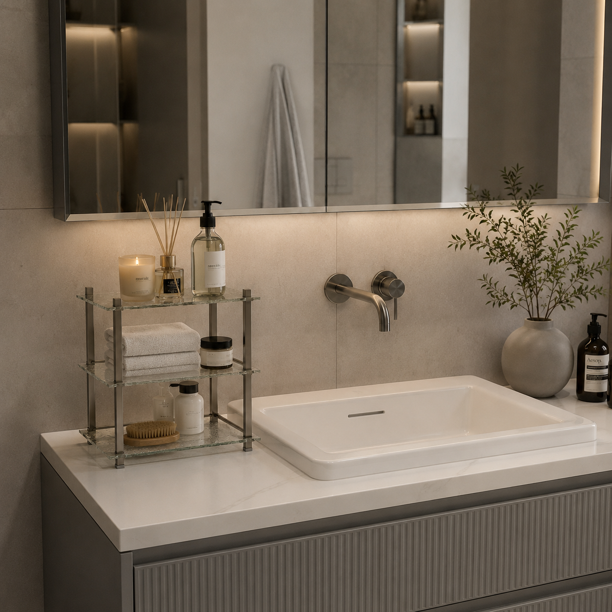 Three-Tier Glass Bathroom Shelf – Brushed Metal Square Frame 3D Model 3