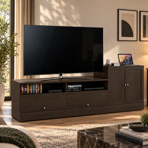 Black TV with Dark Wood Media Cabinet 3D Model back
