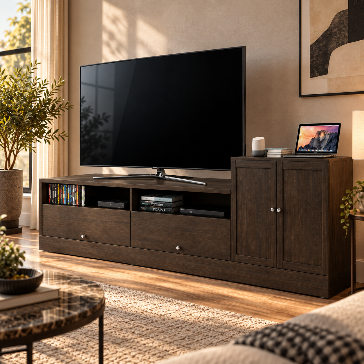 Black TV with Dark Wood Media Cabinet 3D Model 4
