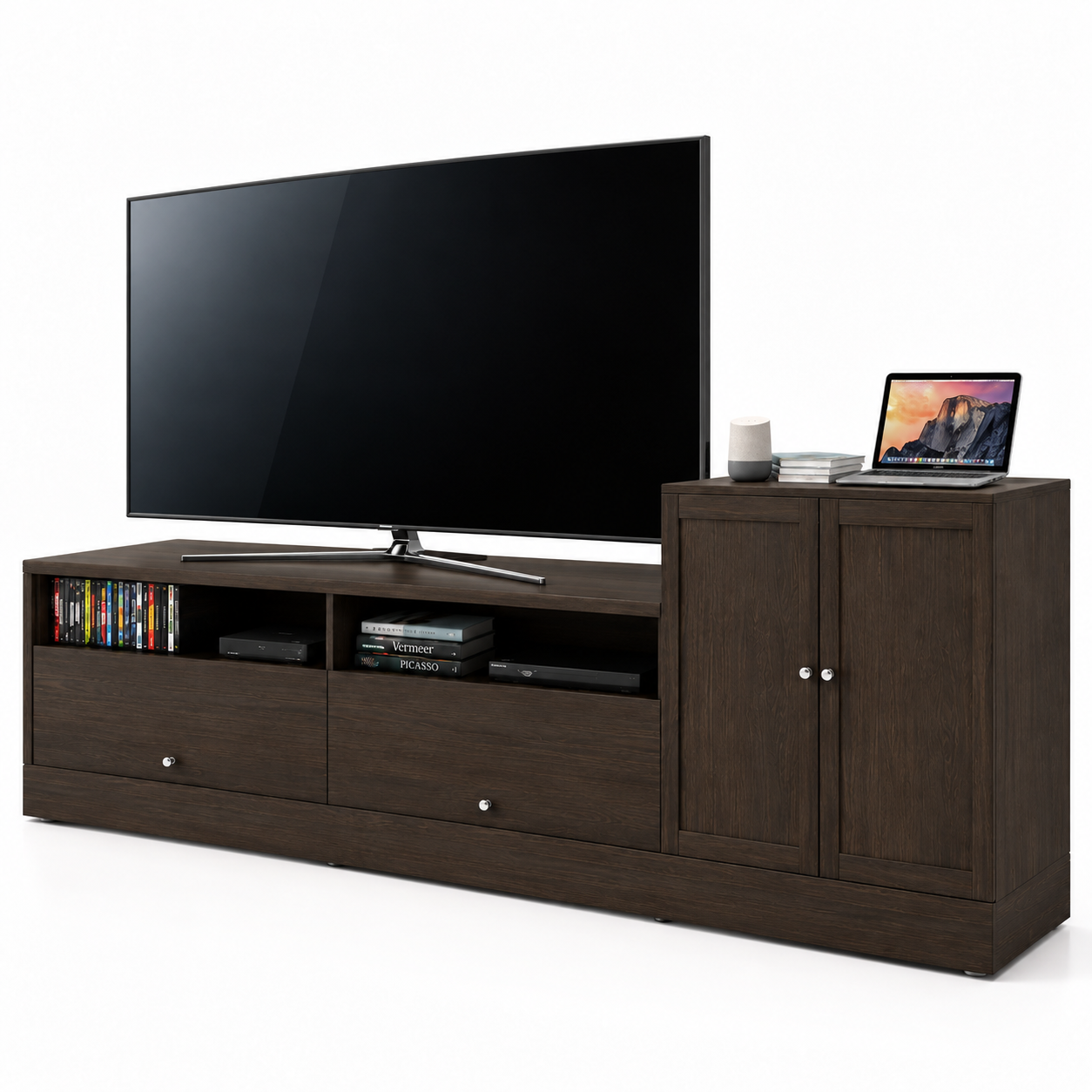 Black TV with Dark Wood Media Cabinet 3D Model 3