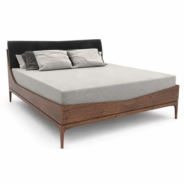 Walnut Grain Wood Bed with Black Upholstered Headboard 3D Model