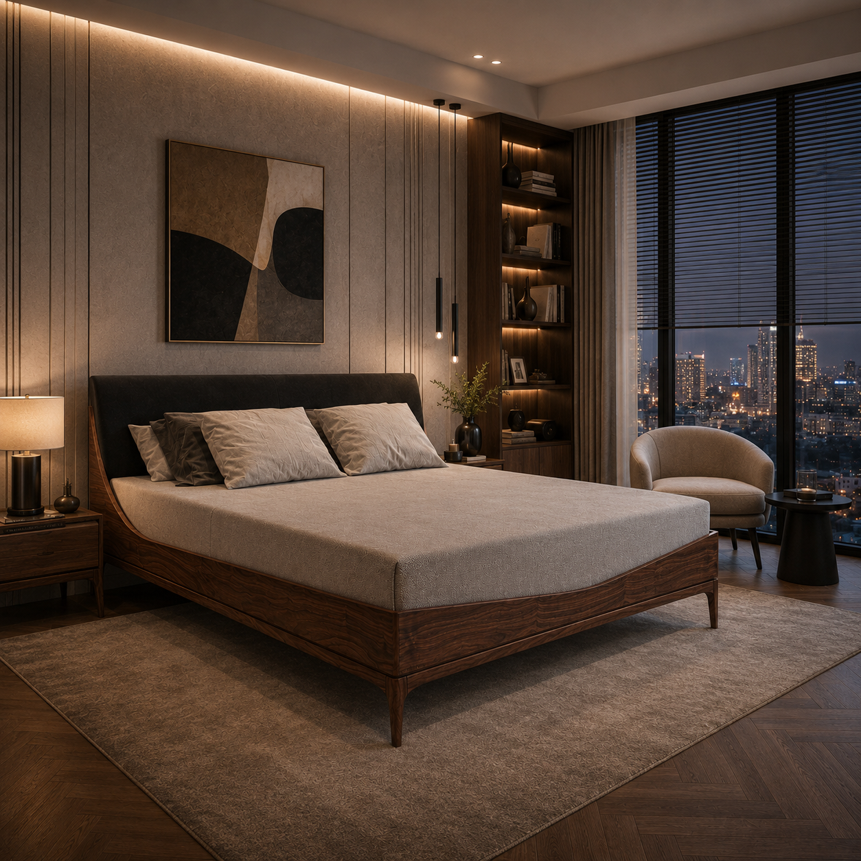 Walnut Grain Wood Bed with Black Upholstered Headboard 3D Model 2