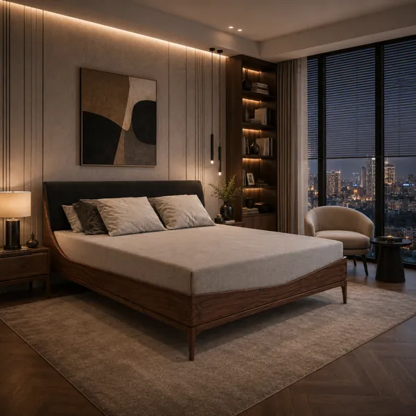 Walnut Grain Wood Bed with Black Upholstered Headboard 3D Model back