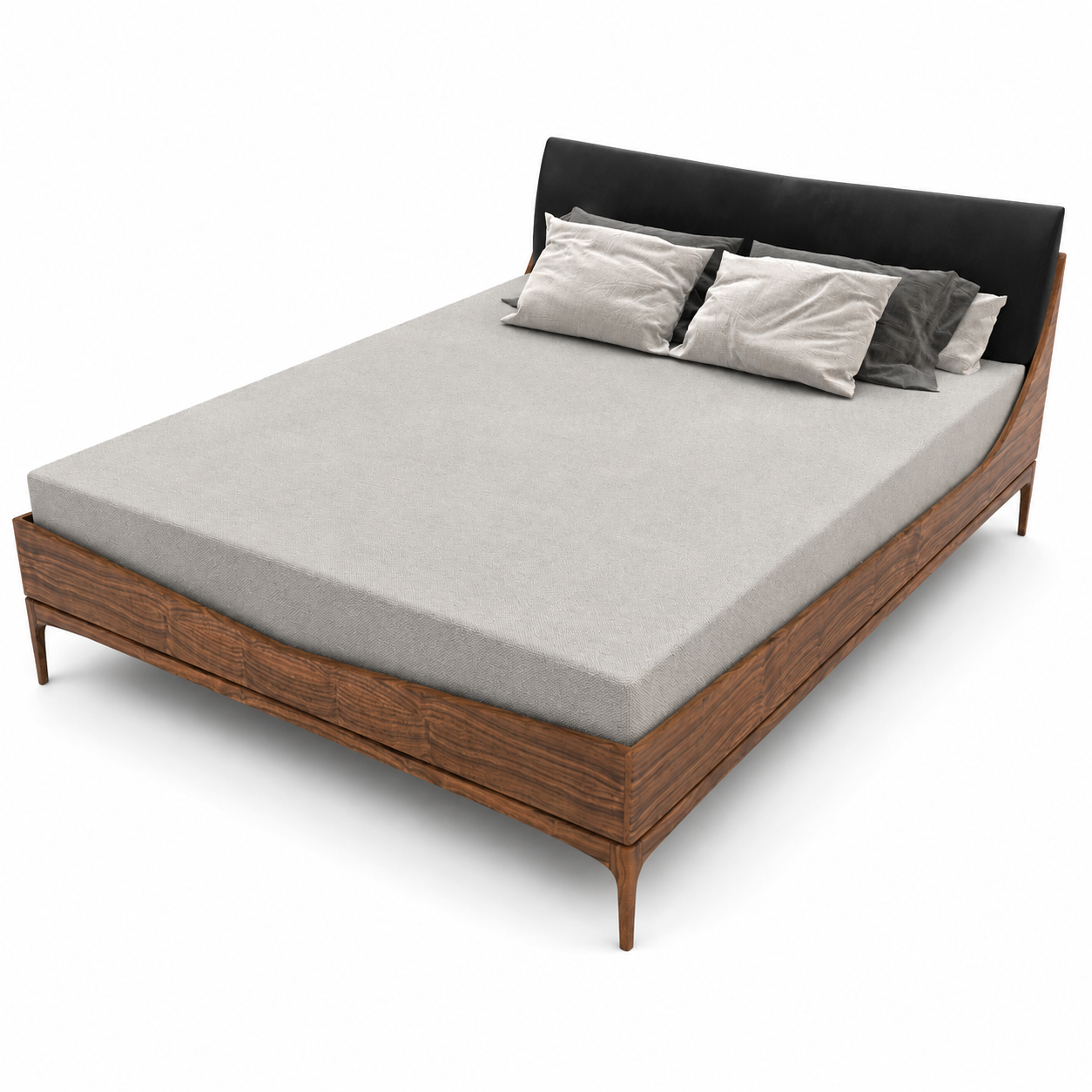 Walnut Grain Wood Bed with Black Upholstered Headboard 3D Model 3