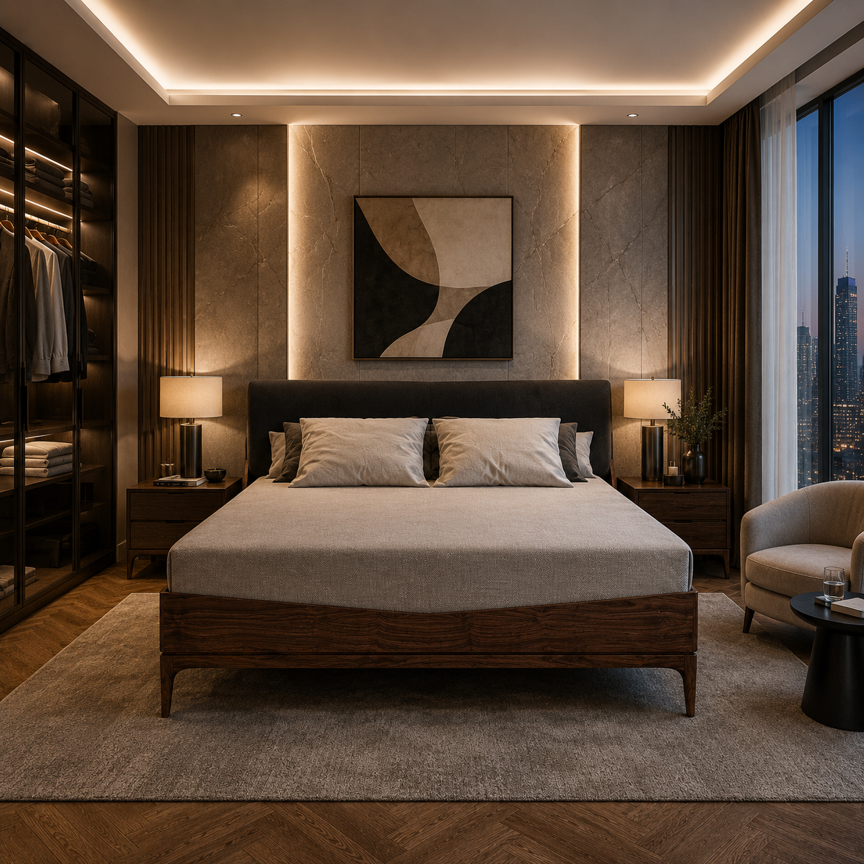 Walnut Grain Wood Bed with Black Upholstered Headboard 3D Model 4