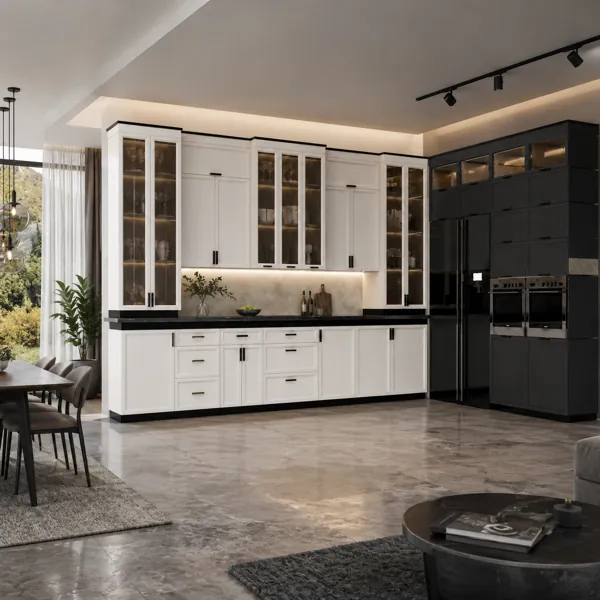 Black & White Full Kitchen – Illuminated Glass Cabinets 3D Model back