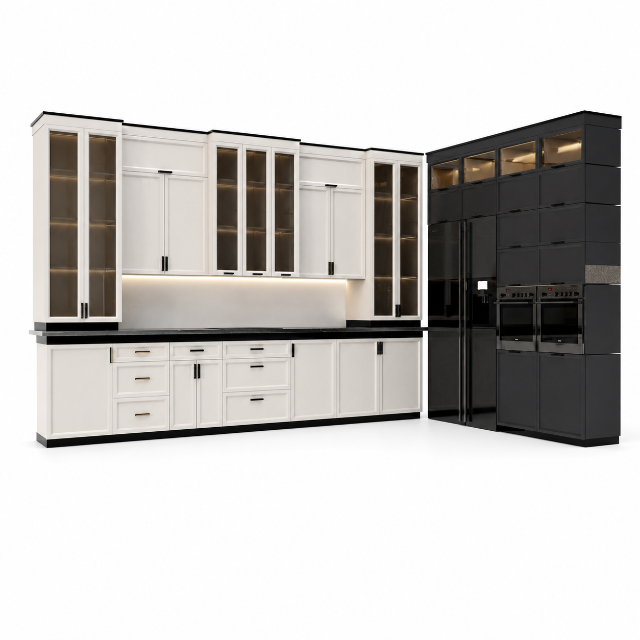 Black & White Full Kitchen – Illuminated Glass Cabinets 3D Model 1
