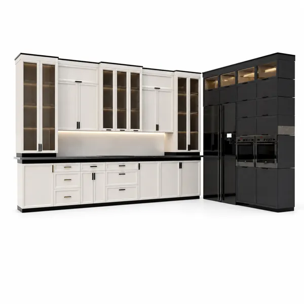 Black & White Full Kitchen – Illuminated Glass Cabinets 3D Model
