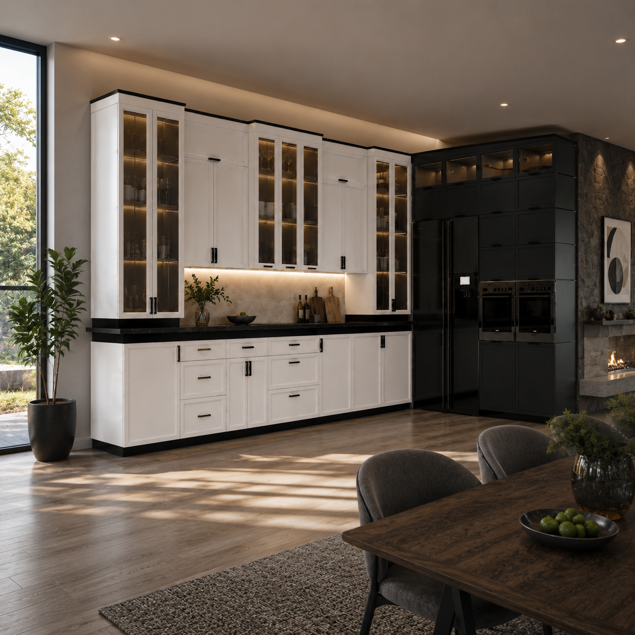 Black & White Full Kitchen – Illuminated Glass Cabinets 3D Model 3