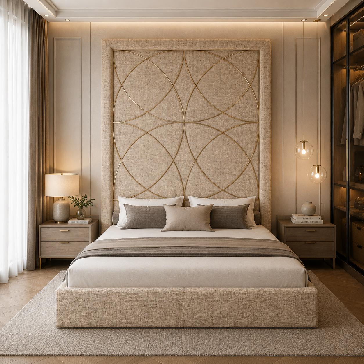 Beige Woven Fabric Bed 3D Model 4