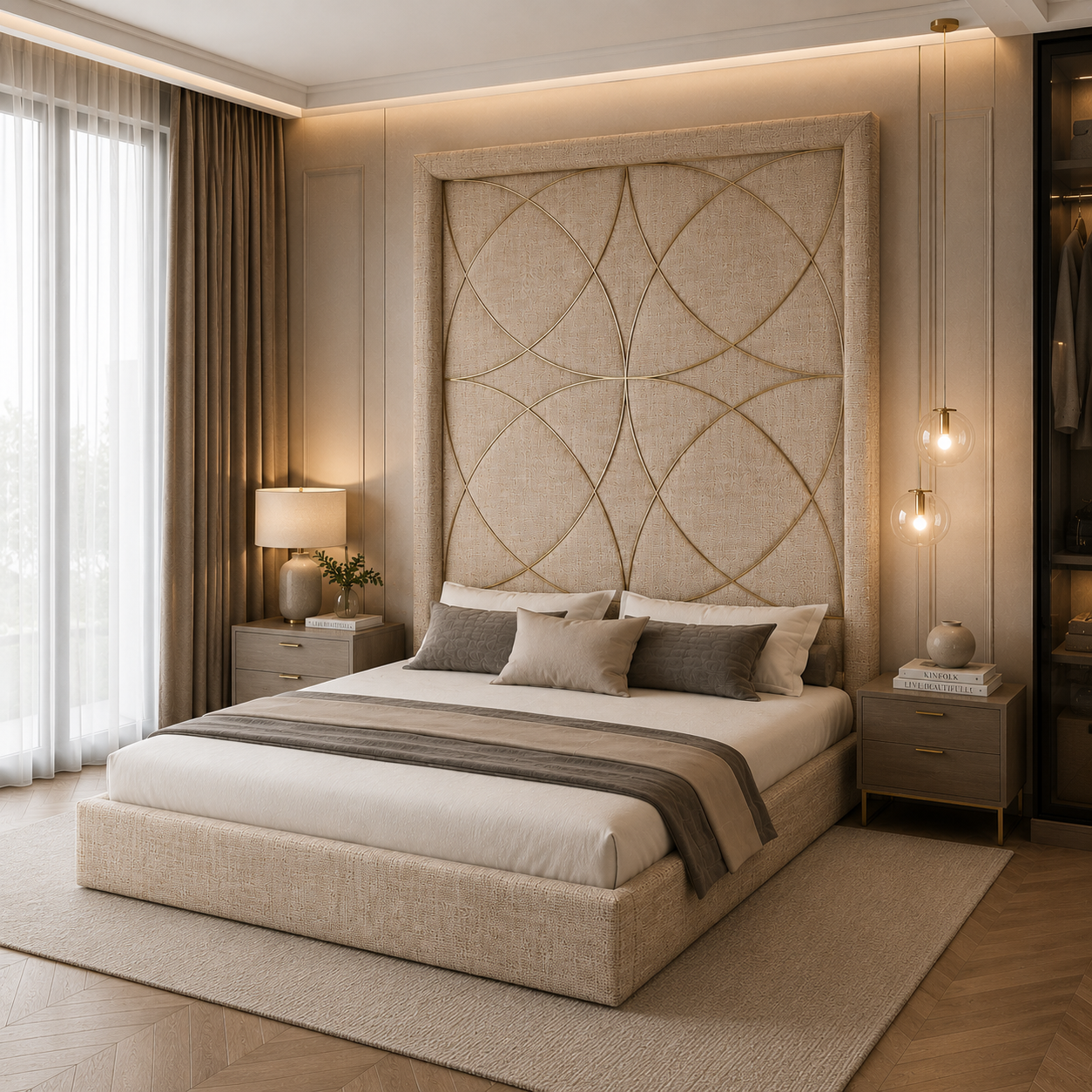 Beige Woven Fabric Bed 3D Model 2
