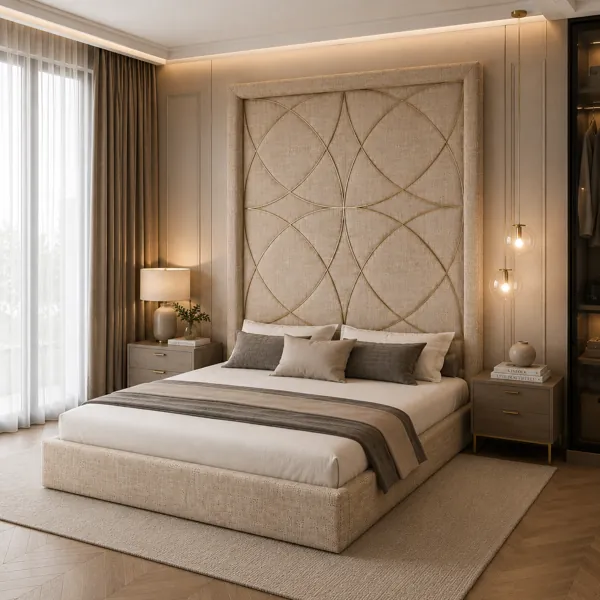 Beige Woven Fabric Bed 3D Model back
