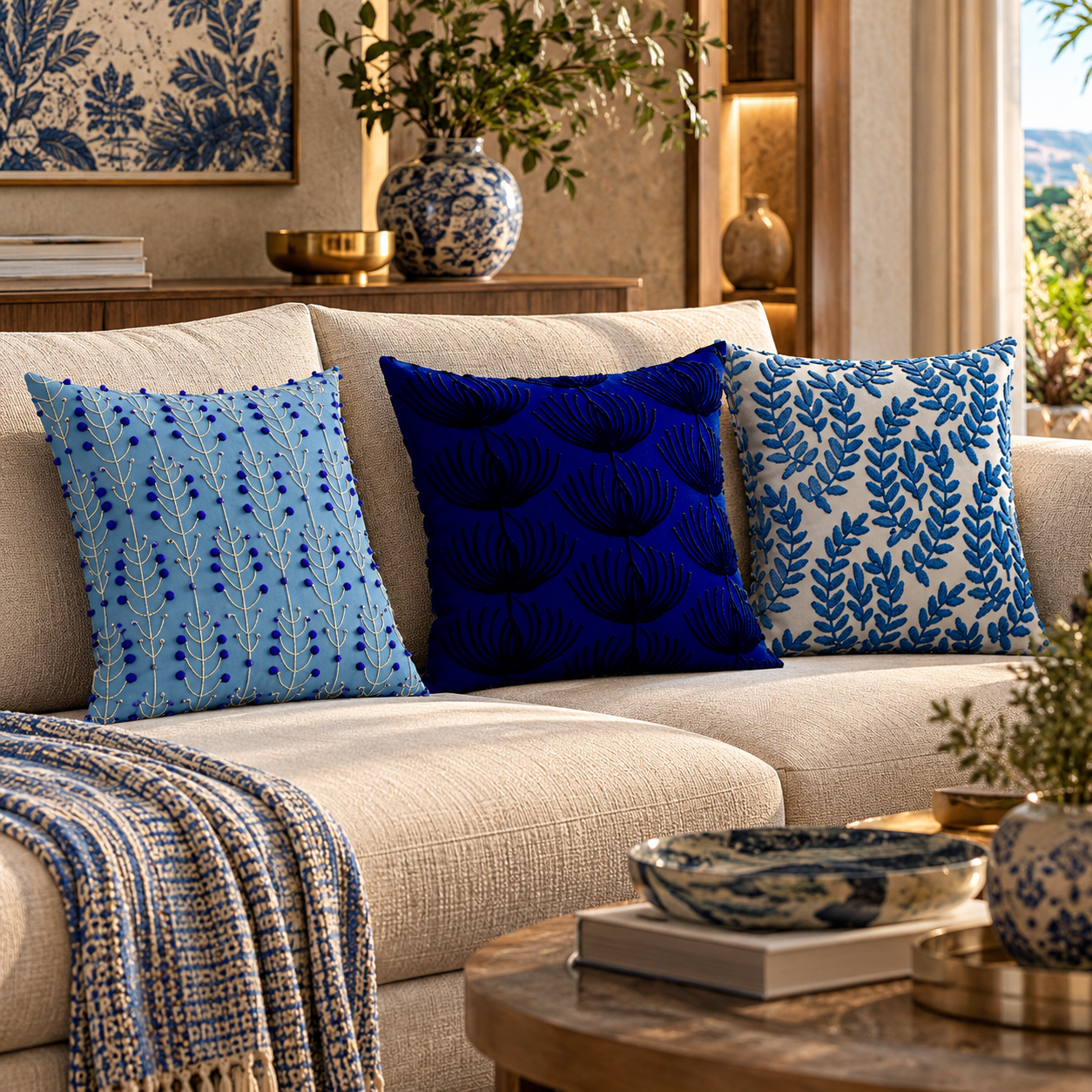 Blue Botanical Pattern Decorative Pillow Set 3D Model 2