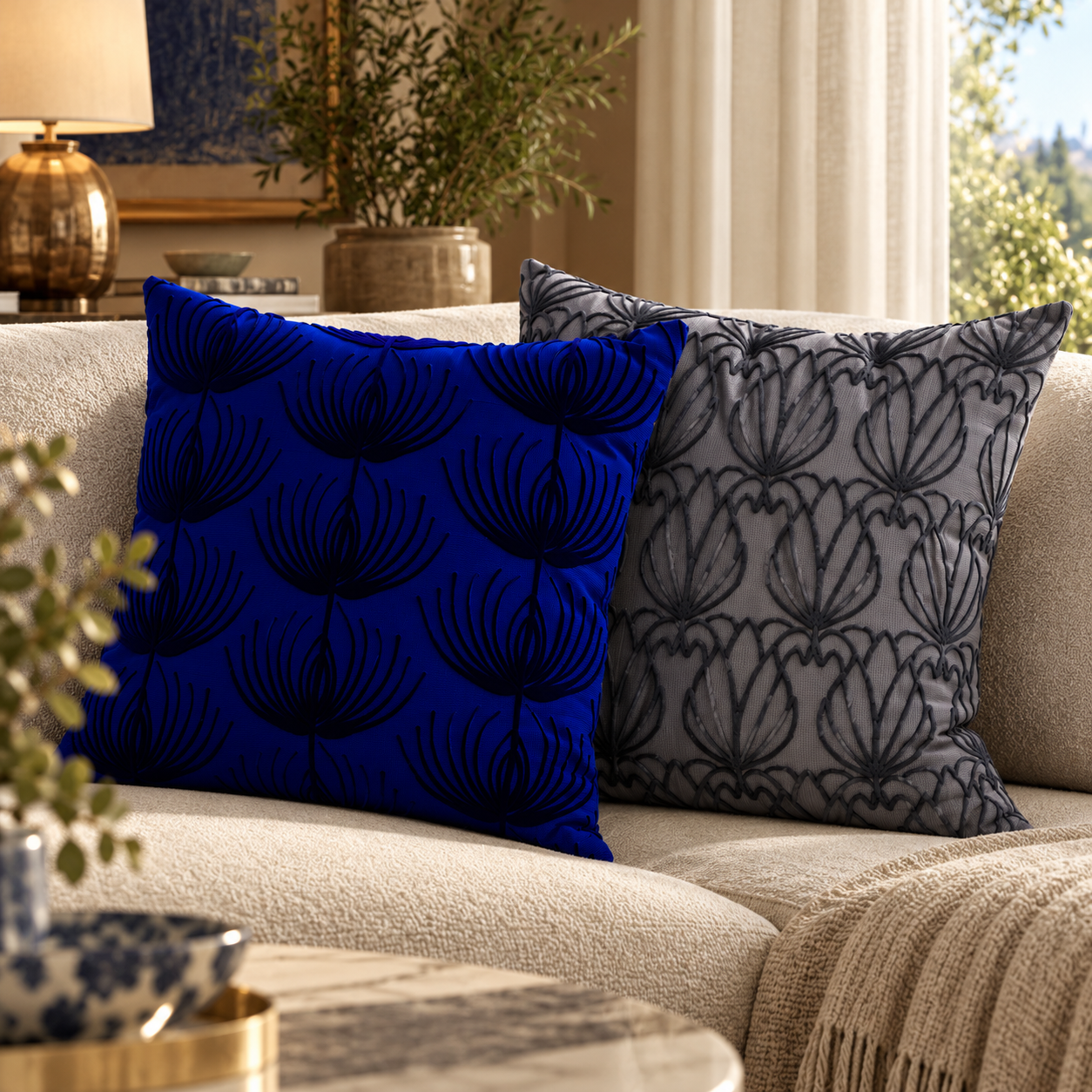 Blue Botanical Pattern Decorative Pillow Set 3D Model 4