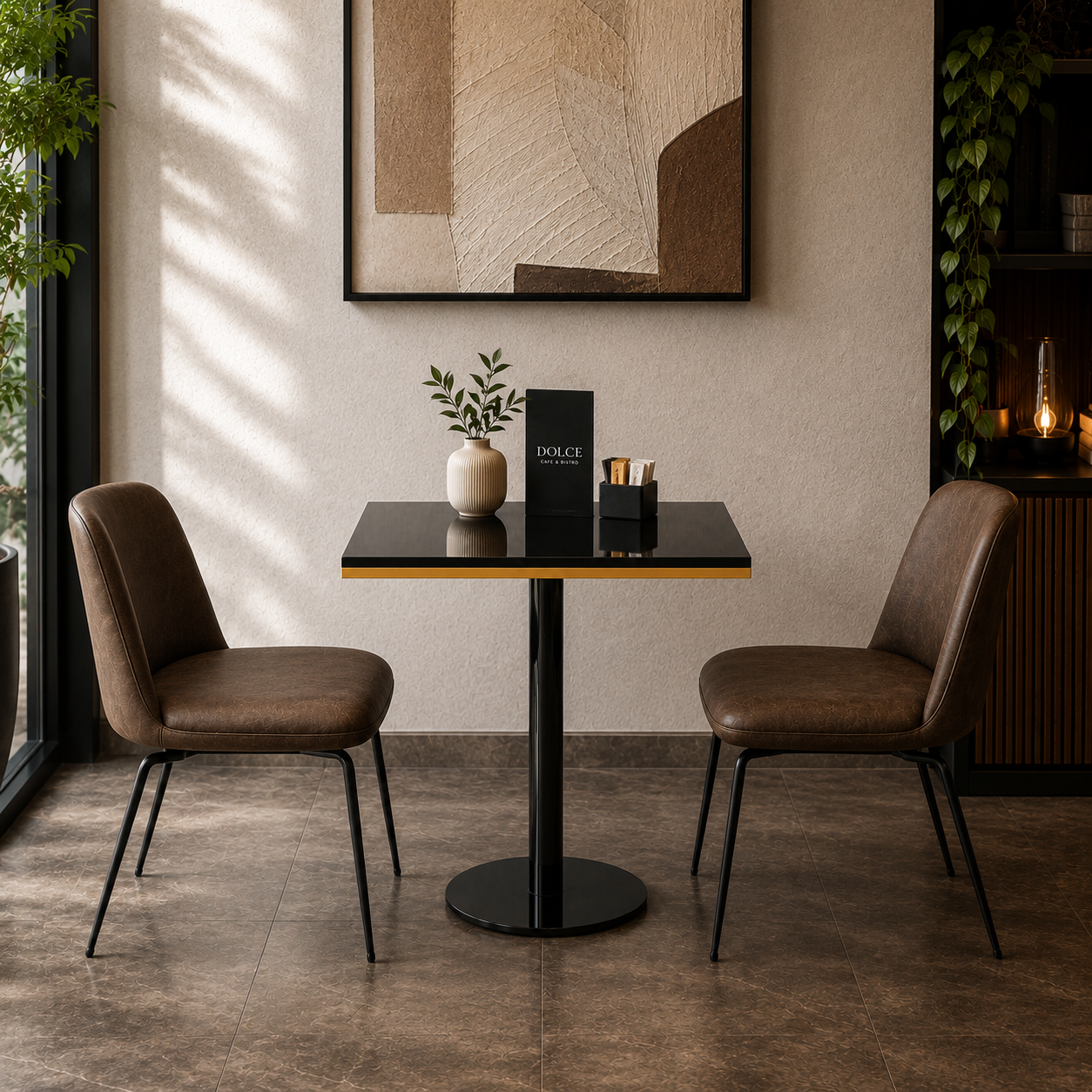 Black Square Pedestal Table with Gold Trim 3D Model 4