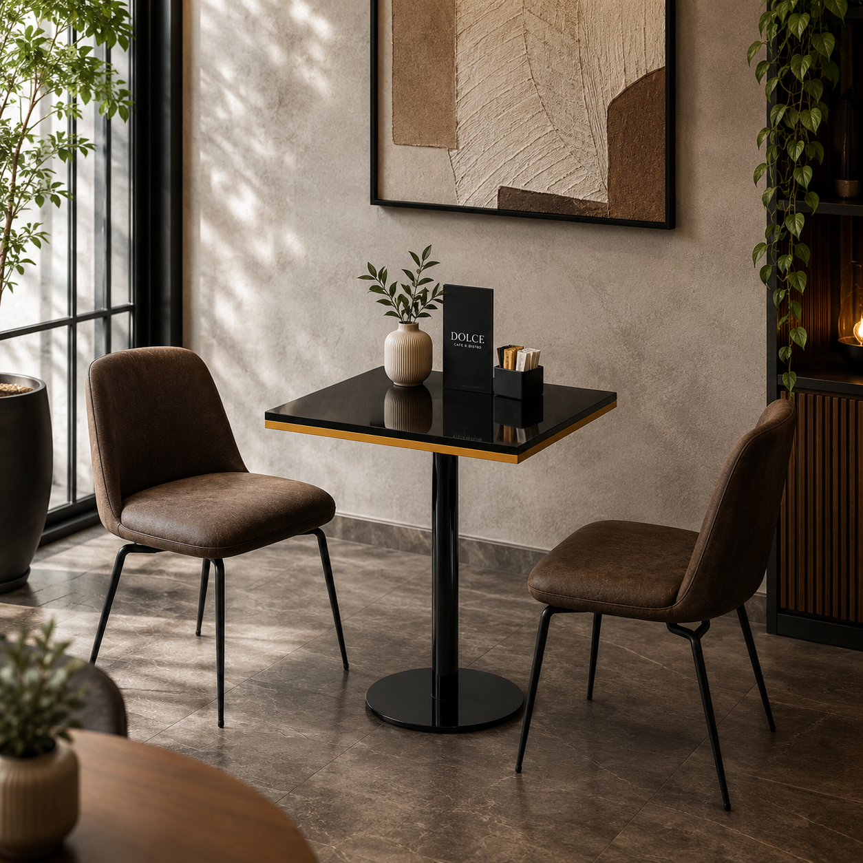 Black Square Pedestal Table with Gold Trim 3D Model 2