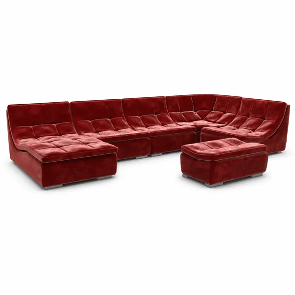 Deep Red Velvet Sectional Sofa – Channel Tufted Lounge Set 3D Model
