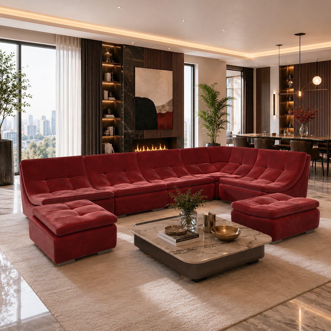 Deep Red Velvet Sectional Sofa – Channel Tufted Lounge Set 3D Model 2
